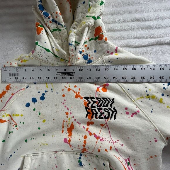 Teddy Fresh Womens XS Paint Splatter Hoodie White Multicolor Pullover Pockets - Picture 9 of 11